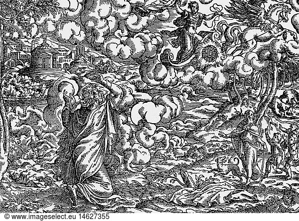 Kunst  Amman  Jost (1539-1591)  Holzschnitt  15 5 cm x 11 cm  Illustration zur Bibel  gedruckt von Sigmund Feyerabend  Frankfurt am Main  1564  Szene: der Prophet Elija fÃ¤hrt auf einem feurigen Wagen in den Himmel