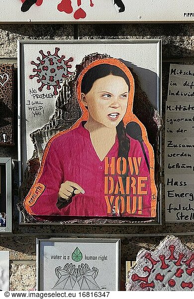 Kunst-Collage mit Porträt von Greta Thunberg  How dare you  Appell für Klima- und Umweltschutz  Open-Air-Galerie Flingern  Düsseldorf  Nordrhein-Westfalen  Deutschland  Europa