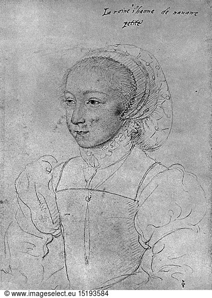 Kunst  Francois Clouet (1510 - 1572)  Zeichnung  Johanna III. von Navarra (Jeanne d'Albret)  Portrait  als Kind  1540  Renaissance  Frankreich  KÃ¶nigin  Adel  Mode  16. Jahrhundert  Haube
