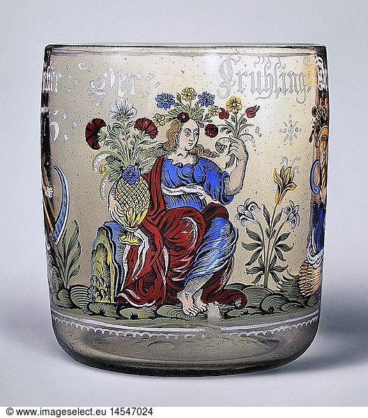 Kunst  Glasmalerei  Jahreszeiten-Becher  FrÃ¼hling  Junge Frau mit Blumenkranz und Vase  1675