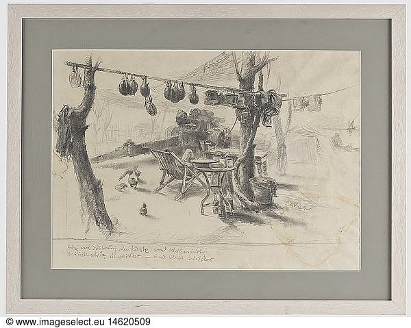 KUNST IM DRITTEN REICH  Hans Liska (1907 - 1983)  Nach SÃ¤uberung der KÃ¼ste Kohle auf Malkarton. Darstellung eines Artillerie-Gefechtsstandes in trÃ¼gerisch friedlicher Stimmung mit einer umherwatschelnden GÃ¤nsefamilie vor KÃ¼stenkulisse mit Fischerboot  oberhalb aufgehÃ¤ngte Feldflaschen und Essgeschirre  neben dem GeschÃ¼tz ein sich sonnender Landser im Liegestuhl  rechts unten die Signatur 'Liska'. Unterhalb vom Maler beschriftet 'Kurz nach sÃ¤uberung der KÃ¼ste wird behelfsmÃ¤ÃŸig der KÃ¼stenschutz eingerichtet - und bleibt arbeitslos'. Das Bild leicht fleckig und modern gerahmt. GrÃ¶ÃŸe 67 x 52 cm. Hans Liska  SchÃ¼ler von Emil PrÃ¤torius  Walter Teutsch und Berthold LÃ¶ffler  war Propagandamaler wÃ¤hrend des Zweiten Weltkriegs