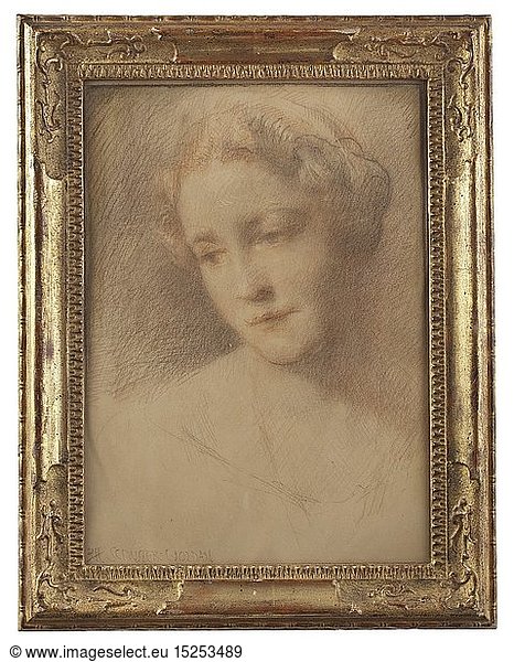 KUNST IM DRITTEN REICH  Raffael Schuster-Woldan (1870 - 1951) - Portrait Emmy GÃ¶ring Schwarze und rote Kreide auf Papier  links unten signiert 'Rff. Schuster-Woldan'. Das Portrait meisterlich ausgefÃ¼hrt  der Kopf von Frau GÃ¶ring sinnend nach links geneigt. In reliefiertem zeitgenÃ¶ssischem Goldrahmen  rÃ¼ckseitig nummernmÃ¤ÃŸig bezeichnet '15792/6'. MaÃŸe gerahmt 53 3 x 41 3 cm. Raffael Schuster-Woldan  geb. 1870 in Striegau (Schlesien)  studierte in MÃ¼nchen und Frankfurt  war 1893 MitbegrÃ¼nder der MÃ¼nchner Secession  zwischen 1911 und 1920 Professor an der PreuÃŸischen Akademie der bildenden KÃ¼nste in Berlin  er fertigte die WandgemÃ¤lde im Berliner ReichstagsgebÃ¤ude  1940 wurde ihm die Goethe-Medaille verliehen. Auf der GroÃŸen Deutschen Kunstausstellung wurde er 1941 mit einer Sonderausstellung mit 27 Werken bedacht - eine auÃŸergewÃ¶nliche Ehre - 'Das Leben' wurde von Hitler fÃ¼r 60.000 RM erworben  einer der hÃ¶chsten je auf der GDK bezahlten Preise. Hermann GÃ¶ring lieÃŸ von ihm Portraits seiner beiden Ehefrauen malen. Provenienz: Familie Hermann und Emmy GÃ¶ring.