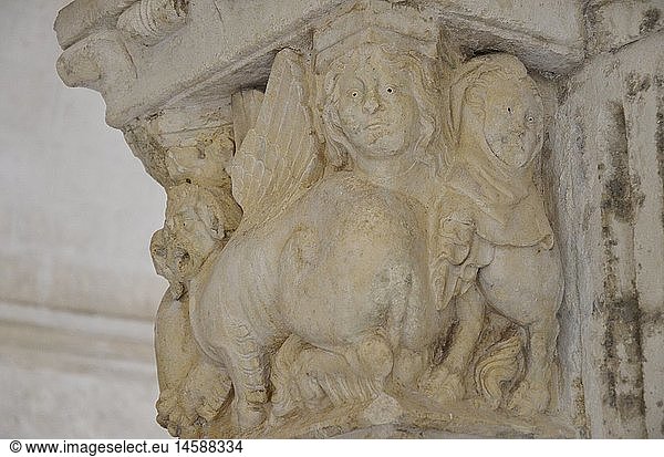 Kunst  Romanik  Kopf des Tarasque  Stein  12. Jahrhundert.  Kloster Montmajour  Frankreich