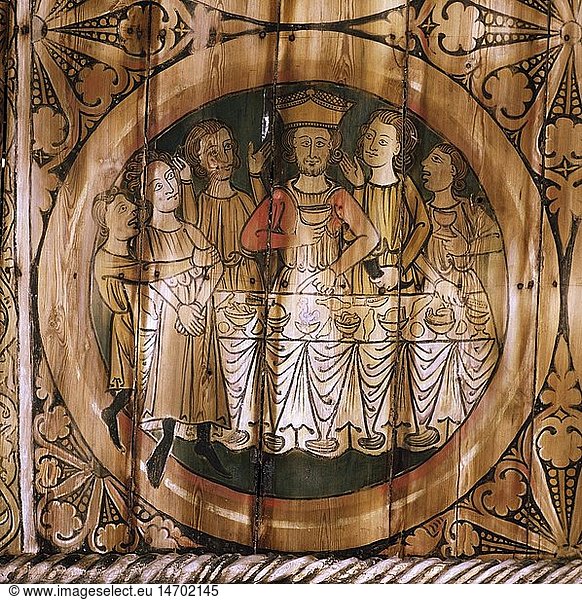 Kunst  Sakralkunst  biblische Szenen  Herodes am Tisch  GemÃ¤lde  DeckengemÃ¤lde  Holz  13. Jahrhundert  Dorfkirche  DÃ¤desjÃ¶