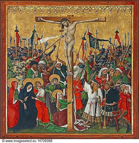 Kunst  Sakralkunst  gotisches FlÃ¼gelaltarbild  enstanden um 1445  Mitteltafel  Kreuzigung von Jesus Christus  MariÃ¤-Schmerzen-Kapelle  Maikammer  Deutschland