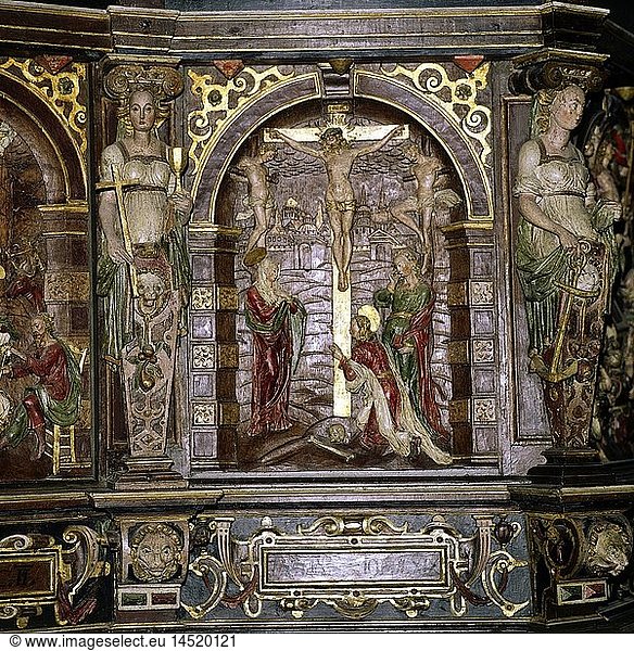 Kunst  Sakralkunst  Jesus Christus  Kreuzigung  Relief  Holz  bemalt  17. Jahrhundert  Kanzel  Kirche von Stora KÃ¶pinge  Ystad