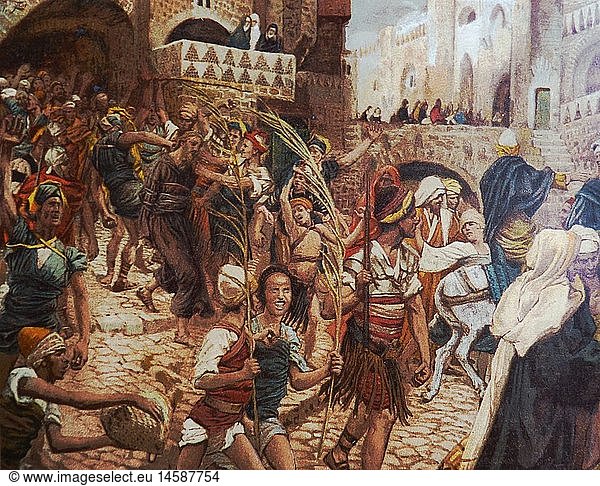 Kunst  Sakralkunst  Personen  Jesus Christus  Einzug in Jerusalem  GemÃ¤lde  von James Tissot  (1836 - 1902) Kunst, Sakralkunst, Personen, Jesus Christus, Einzug in Jerusalem, GemÃ¤lde, von James Tissot, (1836 - 1902),