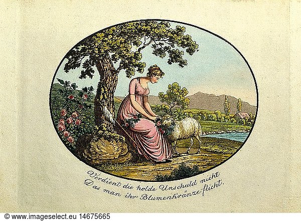 Kunst  Stammbuch-Illustration  MÃ¤dchen mit einem Lamm  'verdient die holde Unschuld nicht  das man ihr BlumenkrÃ¤nze flicht'  Ovalbild  kolorierter Stich  um 1825/1830  7 x 9 cm  Privatsammlung