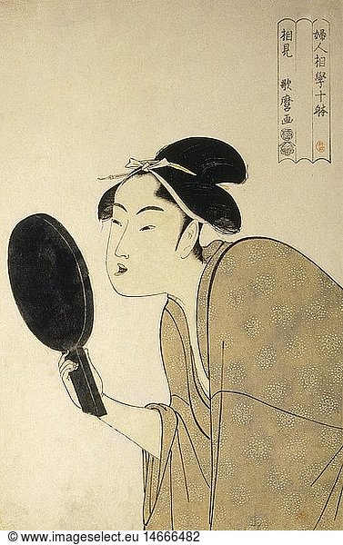 Kunst  Utamaro  Kitagawa (um 1754 - 1806)  'Jungverheiratete Frau betrachtet im Spiegel ihre geschwÃ¤rzten ZÃ¤hne'  Vielfarbendruck  Japan  1792/93  Sammlung Otto Riese
