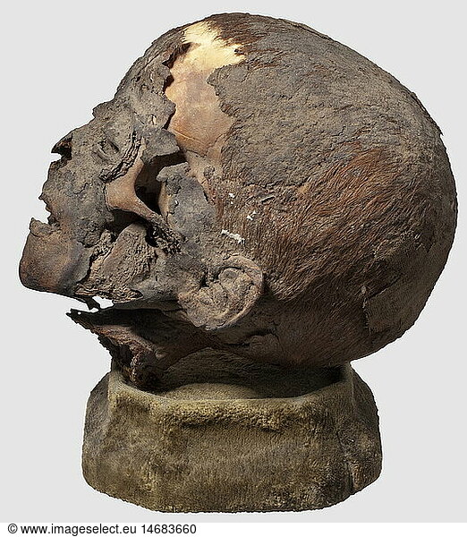 KUNSTHANDWERK  SchÃ¤del einer Kindermumie  Ã„gypten  Dritte Zwischenzeit  ca. 1000 v. Chr. PrÃ¤parierter Kopf eines Kindes mit stellenweise erhaltenem rÃ¶tlich/braunem Haupthaar. Am Hinterkopf noch anhaftende Teile der Bandagen  mit denen die Mumie eingehÃ¼llt war. HÃ¶he des Kopfes ca. 16 cm. In verglastem  ebonisiertem  durch einen Schieber zu Ã¶ffnenden Schaukasten (eine Scheibe fehlt). MaÃŸe 28 x 21 x 36 cm. Nach Napoleons Ã„gyptenfeldzug beginnt die moderne Ã„gyptologie im Jahre 1822 mit Jean Francois Champollion und Karl Richard Lepsius. Die Entdeckungen dieser MÃ¤nner fÃ¼hrten im 19. Jahrhundert zu einer solchen Begeisterung fÃ¼r das Alte Ã„gypten  dass man in Europa makabre SoirÃ©es gab  bei denen Mumien vor einem faszinierten Publikum von ihren Bandagen befreit wurden. Aber auch in frÃ¼heren Jahrhunderten wurden Mumien in groÃŸer Zahl nach Europa importiert und weiterverarbeitet. Die zermahlenen Leichname wurden als Pulver unter der Bezeichnung 'Mumia vera aegyptiaca' bis in die 1920er Jahre als wirksame Arznei vertrieben. Aber auch in der Malerei verwendete man seit der Mitte des 16. Jahrhunderts dieses Pulver als 'Mumienbraun'  ein Pigment  mit dem man ein besonders schÃ¶nes  tiefes Braun anmischen konnte KUNSTHANDWERK, SchÃ¤del einer Kindermumie, Ã„gypten, Dritte Zwischenzeit, ca. 1000 v. Chr. PrÃ¤parierter Kopf eines Kindes mit stellenweise erhaltenem rÃ¶tlich/braunem Haupthaar. Am Hinterkopf noch anhaftende Teile der Bandagen, mit denen die Mumie eingehÃ¼llt war. HÃ¶he des Kopfes ca. 16 cm. In verglastem, ebonisiertem, durch einen Schieber zu Ã¶ffnenden Schaukasten (eine Scheibe fehlt). MaÃŸe 28 x 21 x 36 cm. Nach Napoleons Ã„gyptenfeldzug beginnt die moderne Ã„gyptologie im Jahre 1822 mit Jean Francois Champollion und Karl Richard Lepsius. Die Entdeckungen dieser MÃ¤nner fÃ¼hrten im 19. Jahrhundert zu einer solchen Begeisterung fÃ¼r das Alte Ã„gypten, dass man in Europa makabre SoirÃ©es gab, bei denen Mumien vor einem faszinierten Publikum von ihren Bandagen befreit wurden. Aber auch in frÃ¼heren Jahrhunderten wurden Mumien in groÃŸer Zahl nach Europa importiert und weiterverarbeitet. Die zermahlenen Leichname wurden als Pulver unter der Bezeichnung 'Mumia vera aegyptiaca' bis in die 1920er Jahre als wirksame Arznei vertrieben. Aber auch in der Malerei verwendete man seit der Mitte des 16. Jahrhunderts dieses Pulver als 'Mumienbraun', ein Pigment, mit dem man ein besonders schÃ¶nes, tiefes Braun anmischen konnte,
