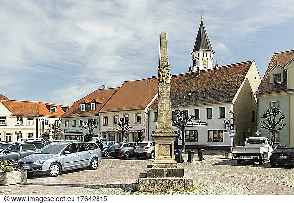 Kursächsische Postmeilensäule auf dem Marktplatz  im Hintergrund die katholische Pfarrkirche St. Mariä Himmelfahrt  Wittichenau  Sachsen  Deutschland  Europa