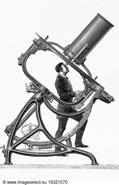 Kurzfokus-Teleskop Jaubert. Paris  Astronomische Sternwarte Trocadero. Antike Illustration. 1882.