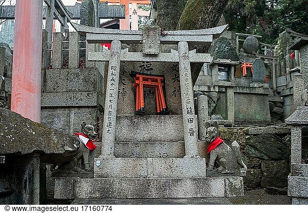Kyoto  Japan  Asien - Steinfiguren stellen die japanische Fuchsgottheit (Kitsune) Inari Okami auf dem Berg Inariyama dar  wo sich der Fushimi Inari Taisha  ein Shinto-Schrein  im Bezirk Fushimi befindet.