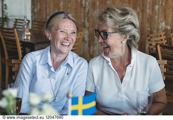 Lächelnde ältere Freundinnen  die sich am Tisch im Restaurant unterhalten und unterhalten