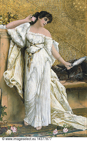 L"elegante": French School  19th century. A fashionable dark-haired beauty in Grecian-style white dress with gold ribbon  stands against a gold background and holds a mirrorto try effect of rose in her hair.