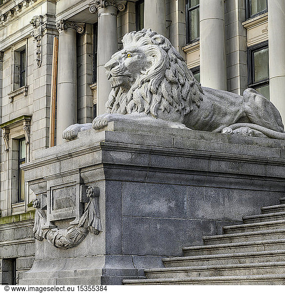 Löwenstatue vor der Vancouver Art Gallery neben der Treppe; Vancouver  British Columbia  Kanada