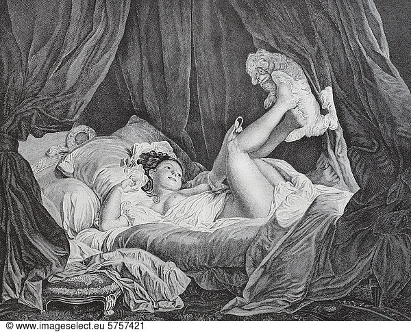 La Gimblette  woman lying in bed with a dog  French copper engraving by Bertony after a painting by Fragonard  around 1755