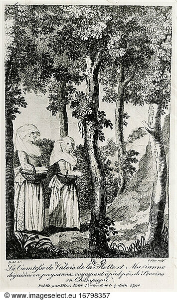 La Motte  Jeanne de Valois  Comtesse de (Jeanne de Saint-Rémy); Lady of the Queen Marie-Antoinette; Wire puller in the collars. 1756–1791.
 
– The countess and her fellow prisoner Marianne  on foot  as disguised as peasant women  escape to Provins / Champagne (among others) to exile in London. Lithograph  unmarked  contemporary.