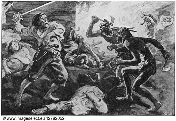 LACHINE MASSACRE  1689. The Iroquois massacre of French settlers at the village of Lachine  near Montreal  Canada  on the St. Lawrence River  5 August 1689. From the painting by C.W. Jefferys.