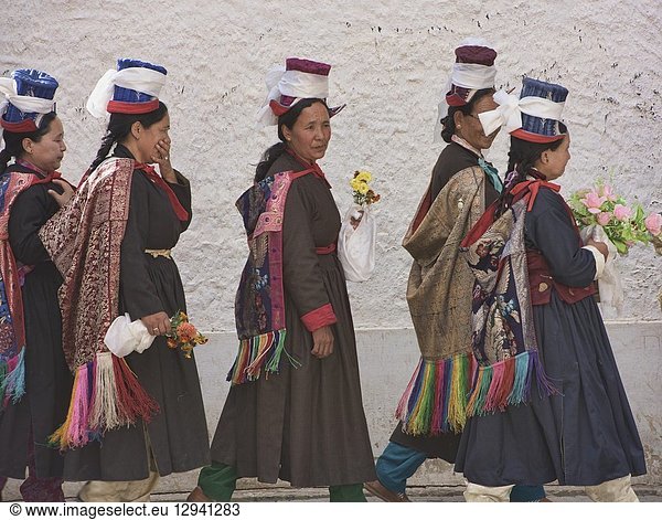 Ladakhi women in traditional dress at a Tara prayer gathering  Leh  Ladakh  India.