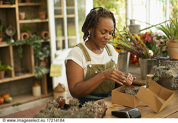 Ladenbesitzerin mit winzigen Sukkulenten im Gartencenter-Shop