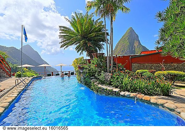 Ladera Resort's swimming pool with views of the two Pitons  Gros Piton 770m and Petit Piton 743m  Soufriere  St. Lucia  Lesser Antilles  West Indies  Caribbean Islands