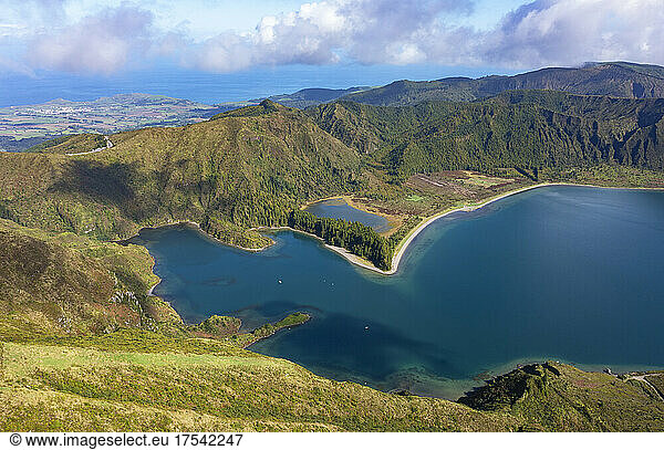 Lagoa do Fogo with mountain range seen from Miradouro Do Pico Da Barrosa  Sao Miguel Island  Azores  Portugal