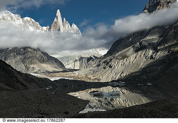 Laguna Torre reflecting Cerro Torre on a beautiful morning in th