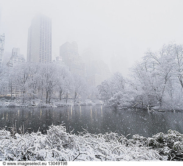 Lake by trees during snowfall in city