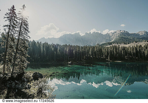 Lake Carezza by trees during sunny day in South Tyrol  Italy