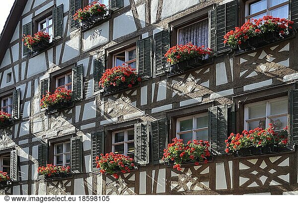 Lake Constance  Meersburg  city centre  old town  geraniums blooming on half-timbered house