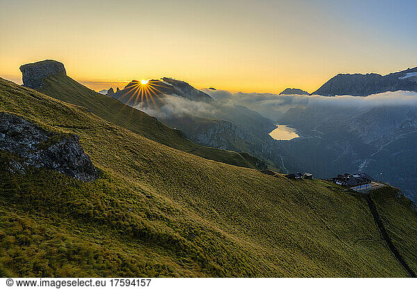Lake Fedaia and Marmolada at sunrise  Trentino-alto Adige  Italy