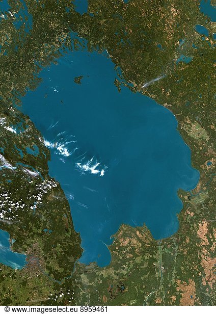 Lake Ladoga And Saint Petersburg  Russia  True Colour Satellite Image. True colour satellite image of Lake Ladoga located in northwestern Russia  not far from the city of Saint Petersburg which is at the bottom left corner of the image. Composite image using LANDSAT 7 data.