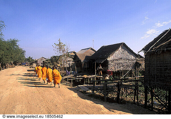 Lake Tonle Sap Village Monk Alms Journey Cambodia