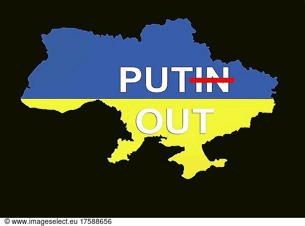 Landesgrenze der Ukraine mit der Aufschrift Putin Out und den Landesfarben gelb und blau