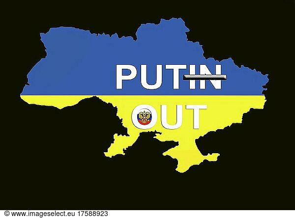 Landesgrenze der Ukraine mit der Aufschrift Putin Out und den Landesfarben gelb und blau sowie das Wappen von Russland
