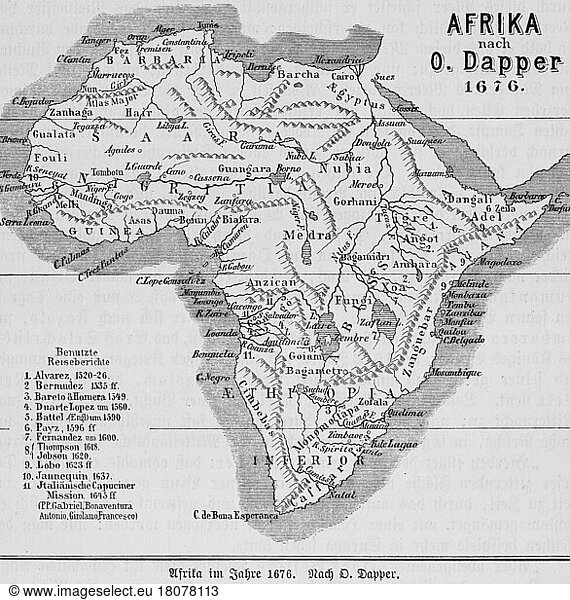 Landkarte Afrika 1529  Nubien  Alexandria  Tunis  Berber  Sahara  Kap Guten Hoffnung  historische Illustration 1885  16. Jahrhundert  Olfred Dapper  Rotes Meer  Küsten  Nilquellen  Tripolis  Atlas Gebirge  Senegal  Afrika