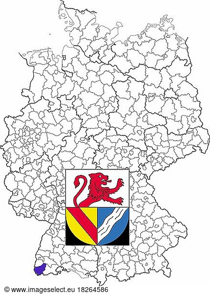 Landkreis Lörrach in Baden-Württemberg  Lage des Landkreis innerhalb von Deutschland  Wappen  mit Landkreiswappen (nur redaktionelle Verwendung) (amtliches Hoheitszeichen) (werbliche Nutzung gesetzlich beschränkt)