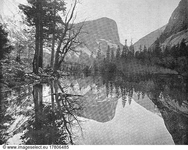Landscape at the small Mirror Lake  located at Tenaya Creek in Yosemite National Park  located in Tenaya Canyon directly between North Dome and Half Dome  California  ca 1880  America  Historic  digitally restored reproduction of a 19th century photographic original