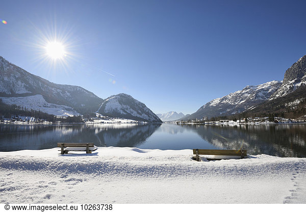 Landscape of Benches in Snow next to Grundlsee Lake in Winter  Liezen District  Styria  Germany