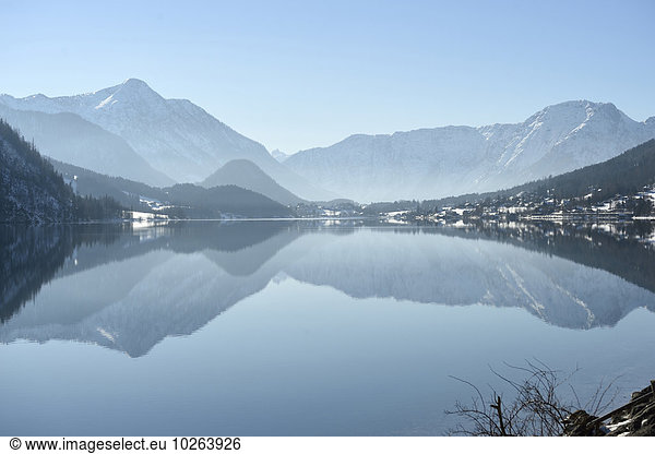 Landscape of Lake Grundlsee on Sunny Day in Winter  Styria  Austria