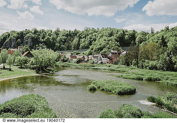 Landscape of medieval town with river in Harburg  Germany
