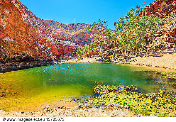 Landscape of Ormiston Gorge Water Hole with ghost gum in West MacDonnell Ranges  Northern Territory  Australia  Pacific