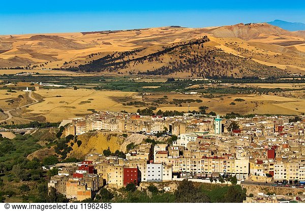 Landscape  panoramic view of Fez  Fes el Bali. Morocco  Maghreb North Africa.