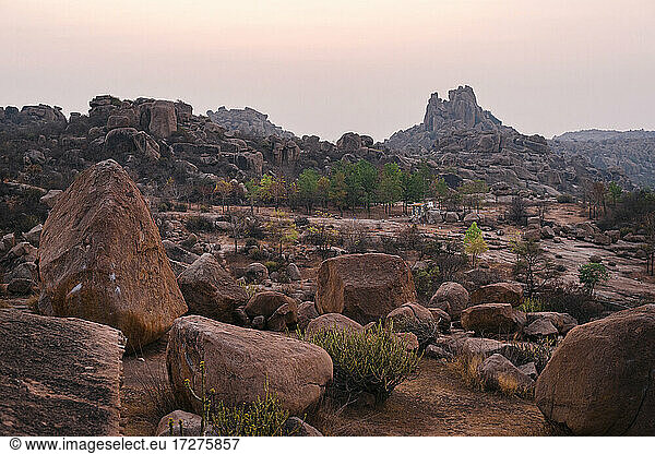Landscape scenery of rocky mountain during sunrise  Karnataka  Hampi  India