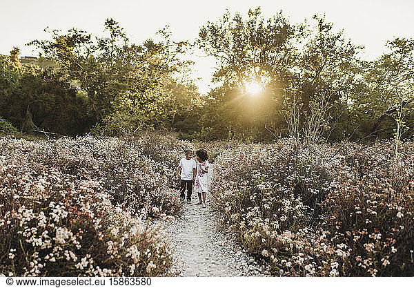 Landscape view of brother and sister holding hands and running outside