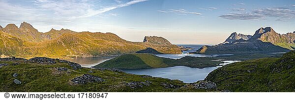 Landscape with fjords and sea  Fredvang  Lofoten  Nordland  Norway  Europe