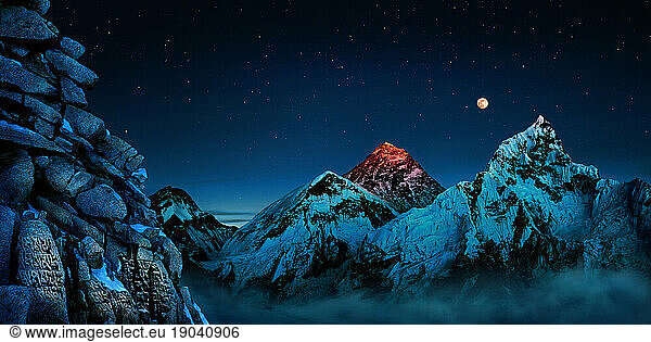 Landscape with Mount Everest  prayer wall and Mount Nuptse  Kala Pattar  Khumbu  Nepal