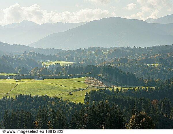 Landschaft im bayerischen Alpenvorland  Blick auf die Ammergauer Alpen. Europa  Deutschland  Bayern.