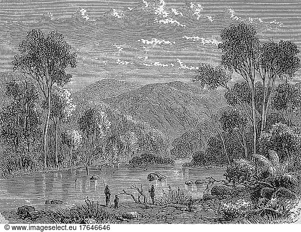 Landschaft im oberen Mitta-Mitta in der britischen Kolonie Victoria  heute ein Bundesstaat im Südosten von Australien  digital restaurierte Reproduktion einer Originalvorlage aus dem 19. Jahrhundert